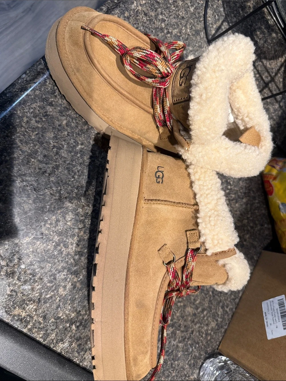 UGG Chestnut Suede Shearling Lace-Up Winter Boots with Multicolor Laces